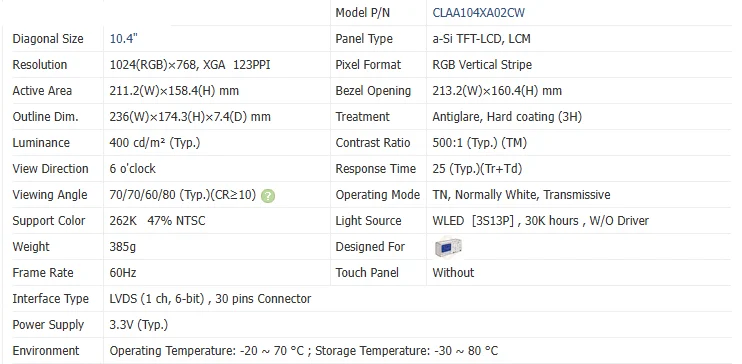 100% Tested CLAA104XA12BW Original 10.4-inch industrial display screen CLAA104XA01CW CLAA104XA02CW