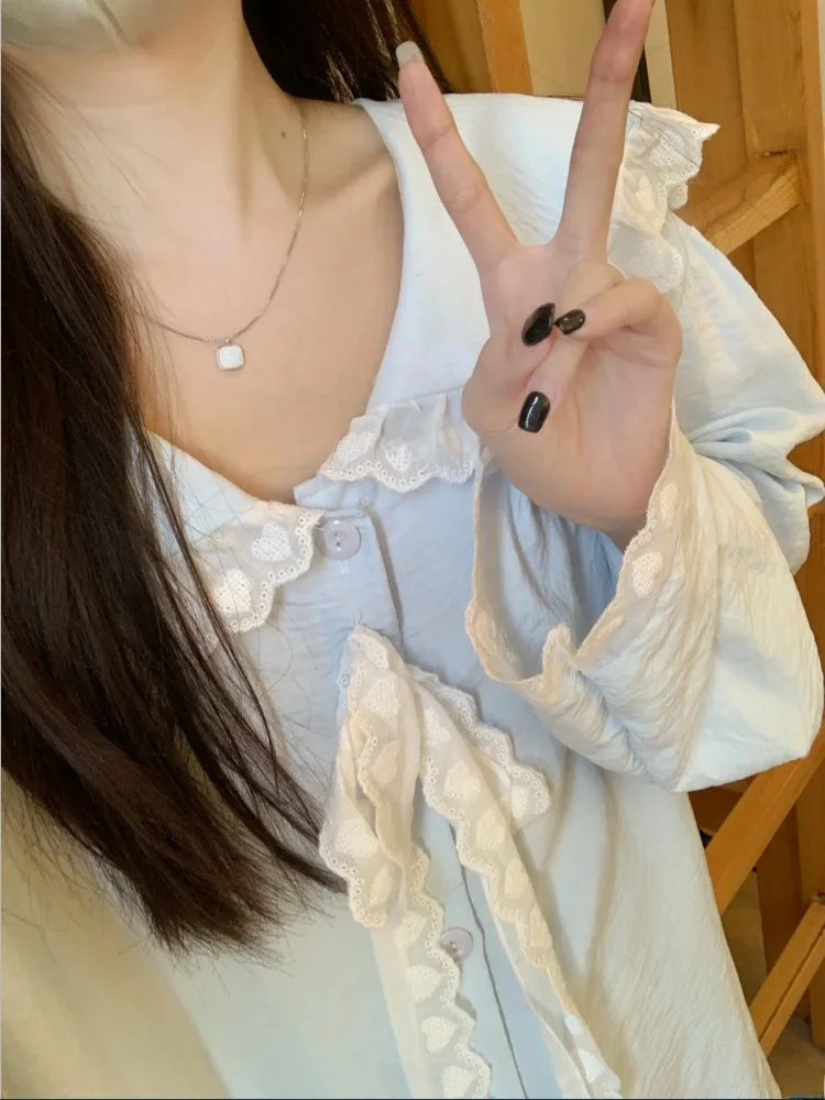 

Korean Style Sweet Lace Trim Sleepwear Women's Loose Fit Long Sleeve Thin Spring Autumn Home Clothes Set Casual Long Pants