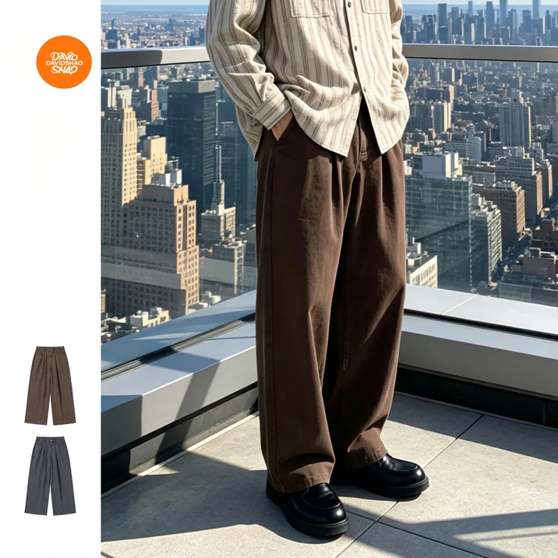 DAVIDSHAO EU US Size Luxury Quality Men Casual Pants Autumn Pleated Vintage Workwear Men Loose Straight Wide-Leg Trousers