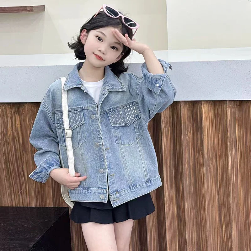 Fashion Trendy Kids Girl y2k Harajuku Gothic Heart Shaped Denim Jacket With Rhinestones For Tweens Child Casual Streetwear Coat