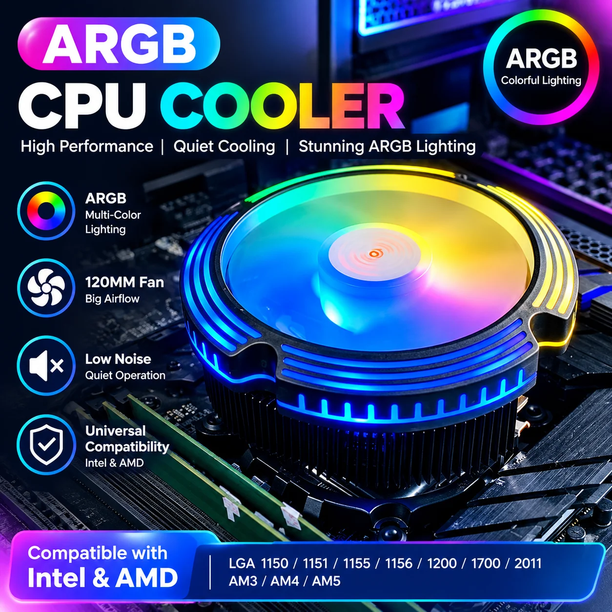 AM4 CPU Air Cooler ARGB 4PIN PWM PC  Processador Cooling Fan for LGA1700 1200 1366 1151 1155 1156 2011 AMD AM5 Ventilador