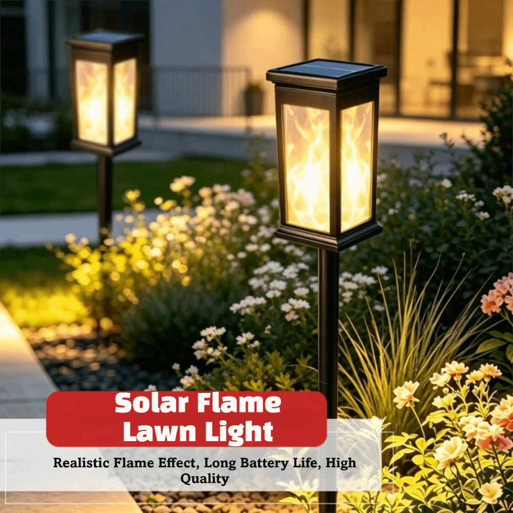 Waterproof Solar Pathway Lights Flickering Flame IP65 Waterproof Garden Path Light Adjustable Height 3 Different Heights