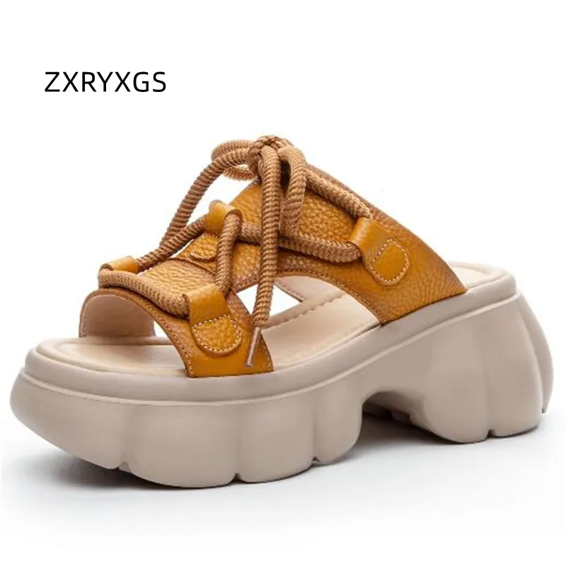 

ZXRYXGS Top Layer Cowhide Slippers 2024 Summer New Fashion Outerwear Slippers Soft Thick Soled Increase Slippers Women's Sandals