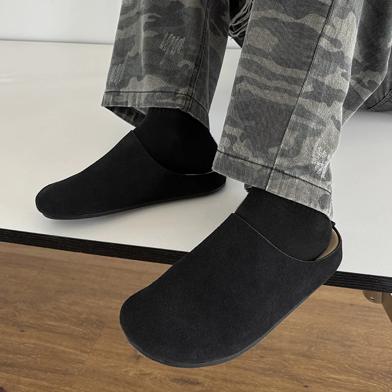 Suede Leather Half Shoes for Men Mules Large Size Semi-Drag Loafers Slippers Open-back Casual Shoes Slides Sandal Slip On Flats