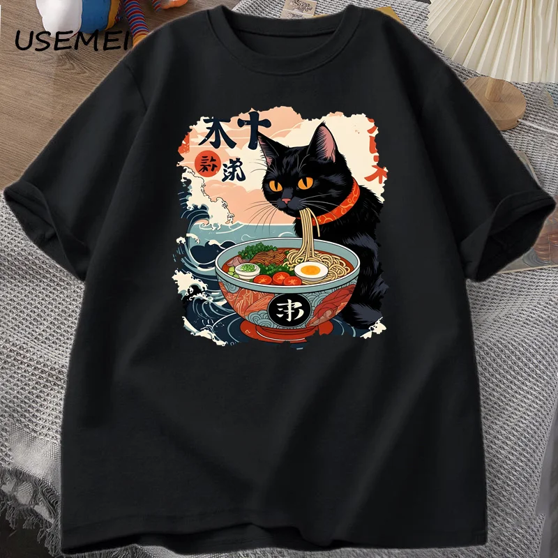 Kawaii Cat Anime Tshirt Ramen Japanese Funny Graphic Tee Kawaii Noodle Cat Tee Shirt Man Short Sleeve T-shirt Harajuku Clothes image 2