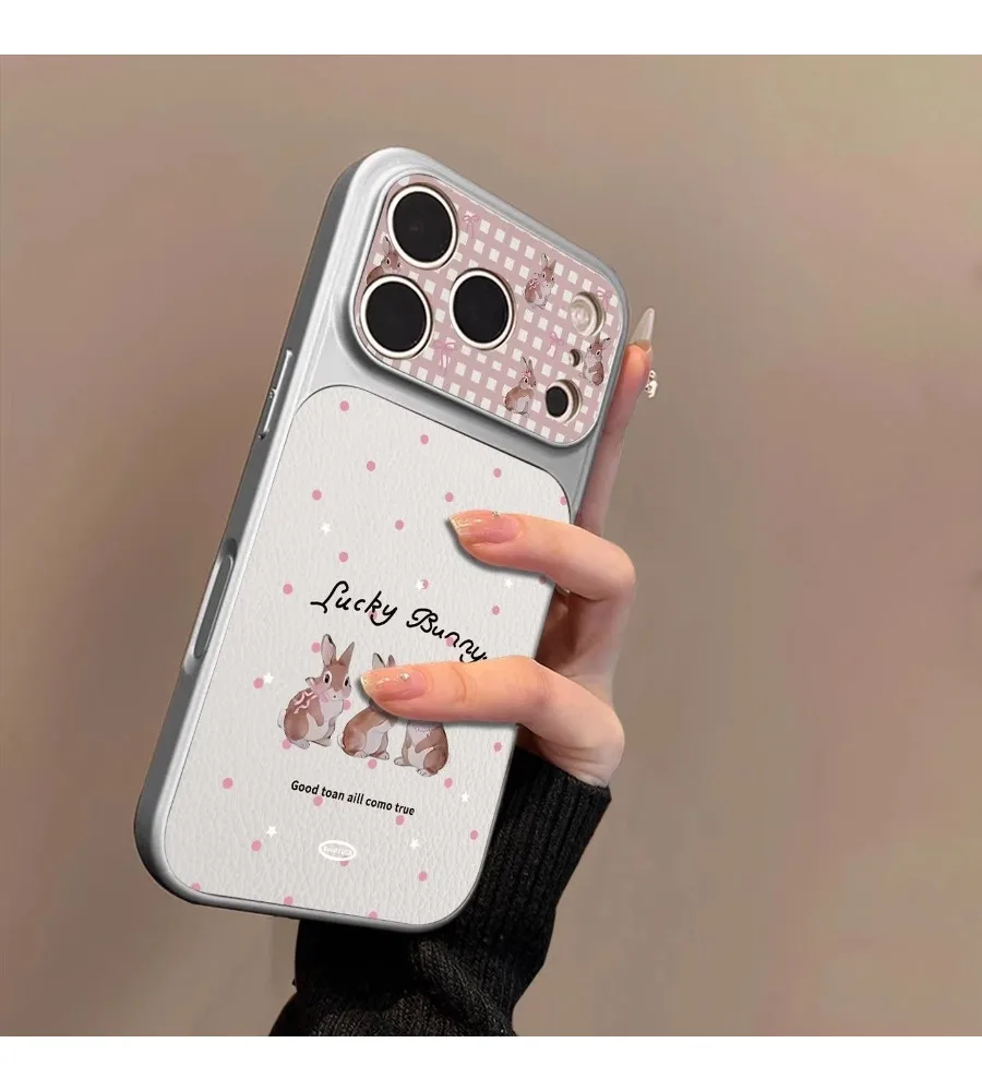 Cute Lucky Bunny Pink Plaid Large Window Leather Texture Phone Case For iPhone 13 14 15 16 17 Pro Max Shockproof Cover