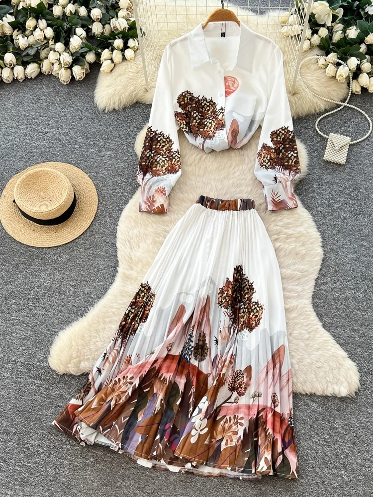 

Костюм-двойка для женщин: рубашка с принтом в отпускном стиле и плиссированная длинная юбка с высокой талией, стройнящий комплект для офиса и повседневной носки весной.