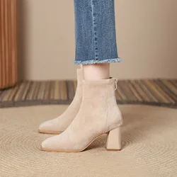 Buty damskie French Retro Comfort Faux Suede Short Boots Square Toe 2024 Winter New Zipper High Heels Elastic Boots Botas Mujer