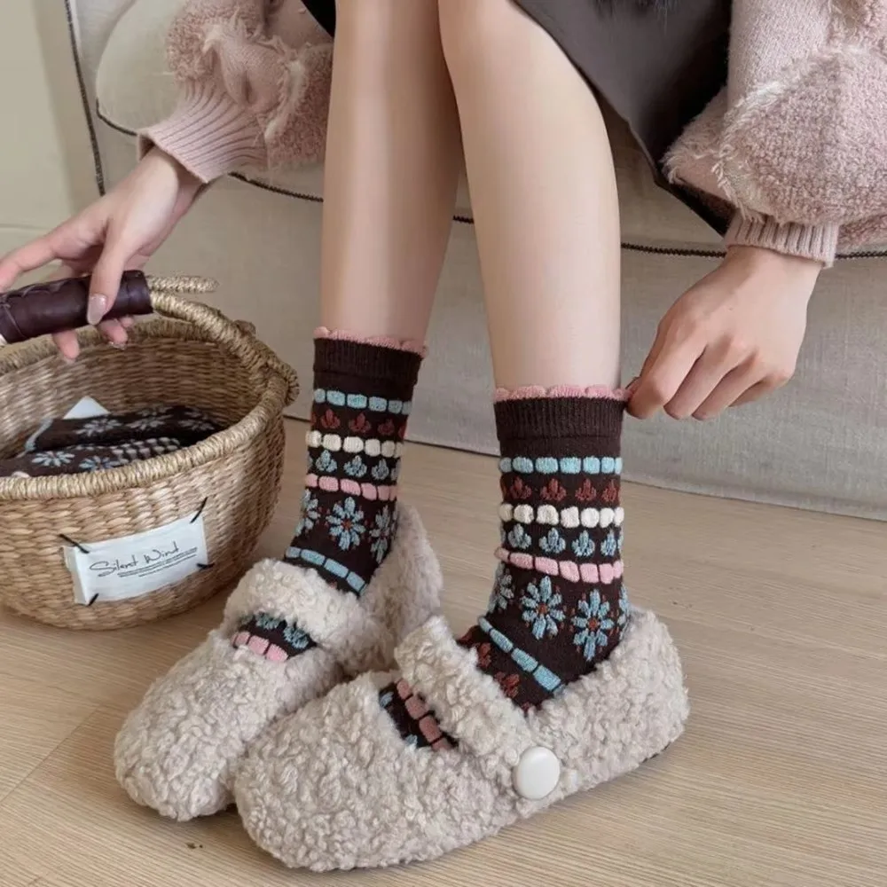 

Fashion Vintage Print Winter Socks Warm Thickened Middle Tube Socks Breathable Soft Floor Socks for Women
