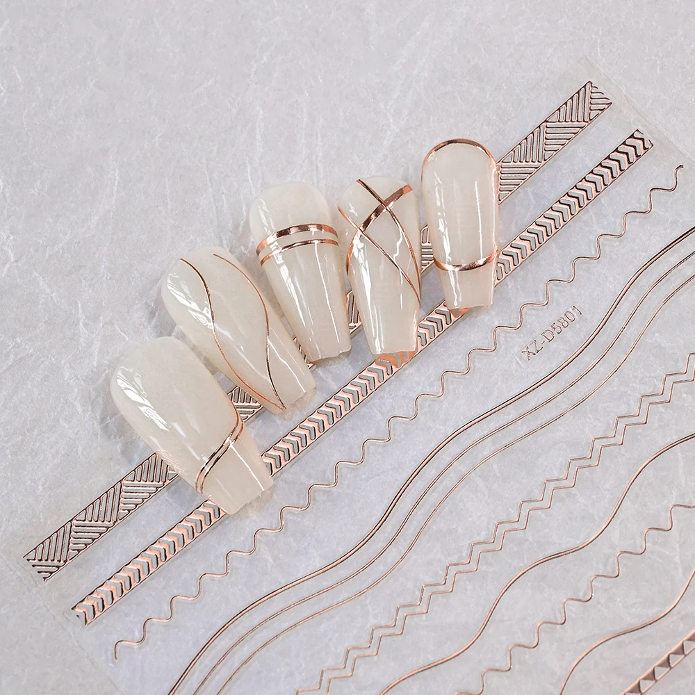 12Pcs 3D Rose Gold French Lines Nail Art Stickers Metal Curve/Stripe/Wave/Geometry Self-Adhesive Decals DIY Manicure Decoration