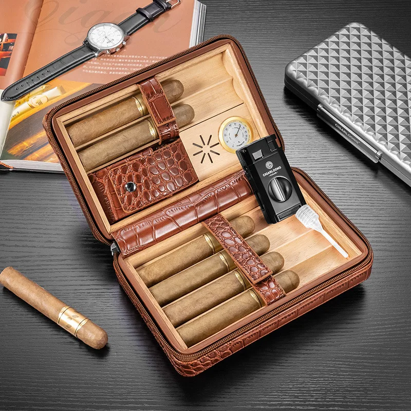 Leather Cigar Travel Humidor Cedar Wood Lined Tray Portable  Moisturizing Bag Storage For 6pcs Cigars Built-in humidifier