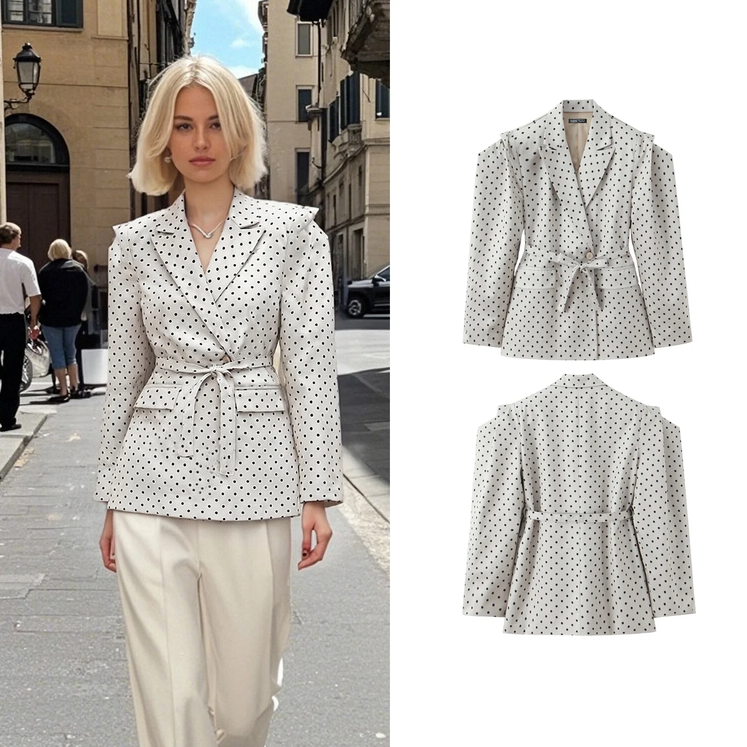 

Women Spring Autumn Dots Printed Blazer Jacket With Shoulder Design Fashion Female Lace Up Single Breasted Suit Jacket