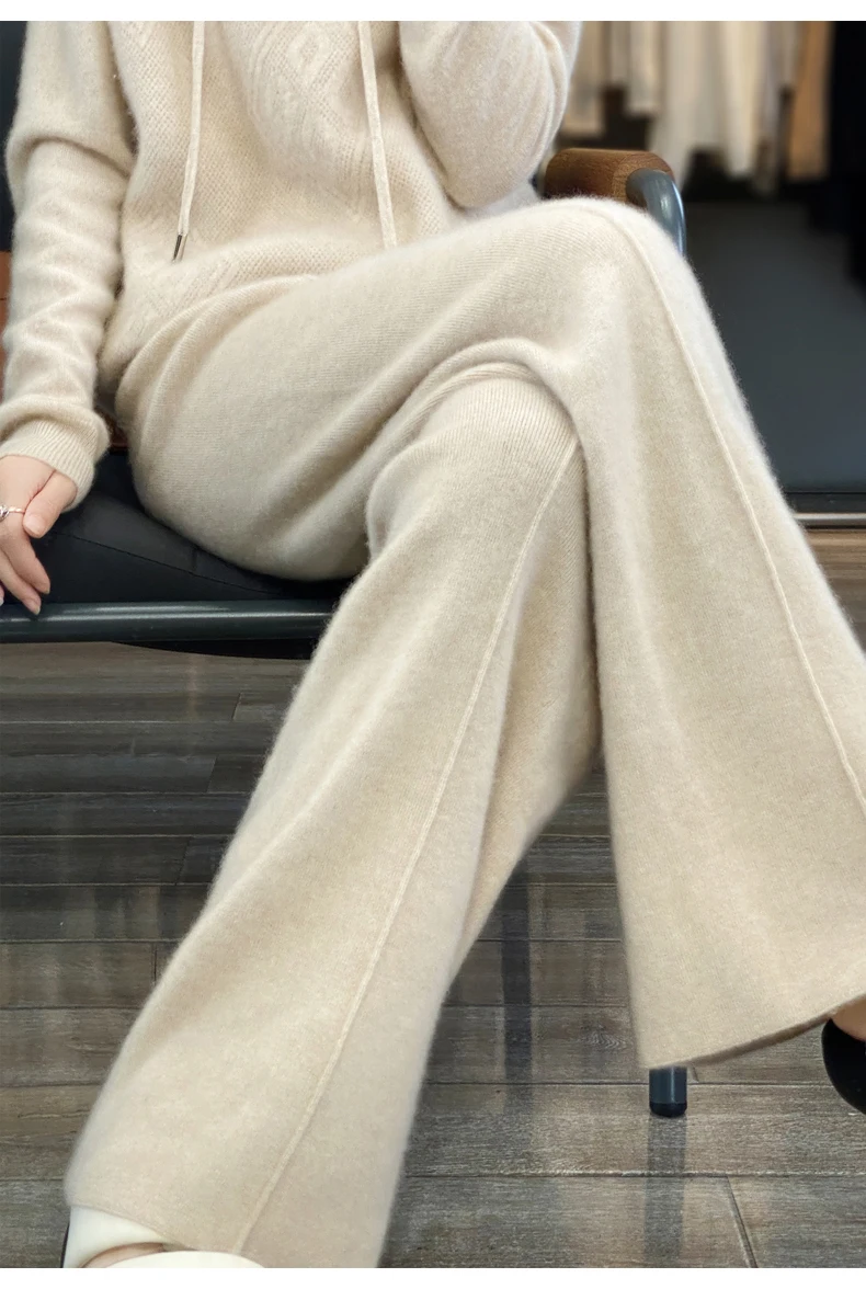

Women's Autumn Winter Soft Casual Sashes Trousers 100% Merino Wool Knitwear Korean Popular Basic Pants