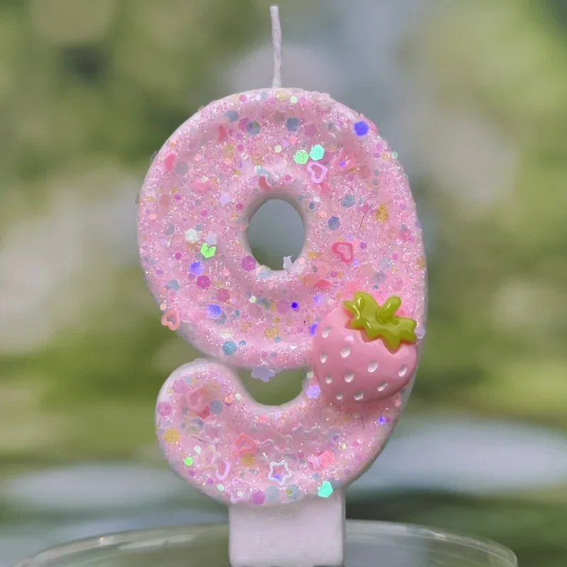 Digitale Geburtstagskerze, Kuchen, Party-Dekoration, Geburtstag, handgefertigt, Wachs, rosa Erdbeere, Junge und Mädchen, Hochzeitsnummer