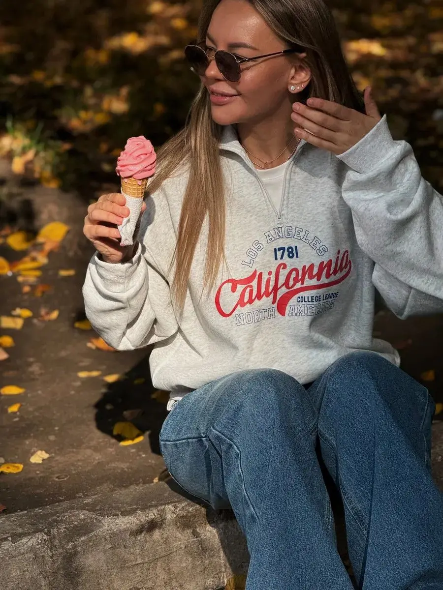 European Retro Design Gray Sweatshirts Zipper Stand Collar Loose Sports Hoodies Women Fashion Streetwear Autumn Large Size Tops
