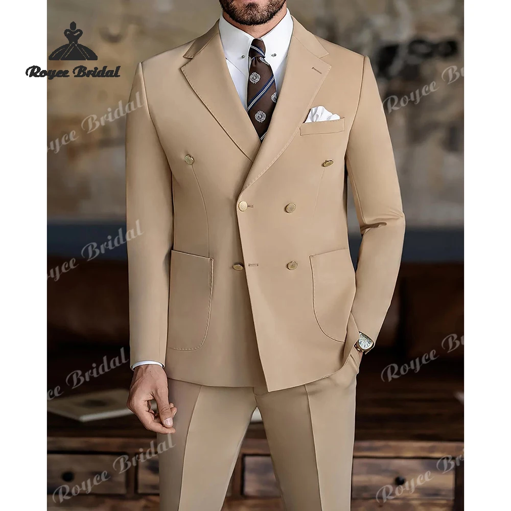 ชุดสูทผู้ชายสีกากีแบบสองชิ้น กระดุมสองแถว สำหรับงานแต่งงาน ปี 2026 ปกแหลม ชุดสูทสำหรับงานเลี้ยงกลางคืนและธุรกิจ  สามารถสั่งตัดได้