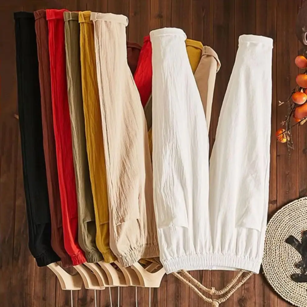 

2025 женские шаровары свободного покроя, широкие брюки, винтажные хлопковые и льняные шаровары с эластичными карманами на талии для женщин, летние