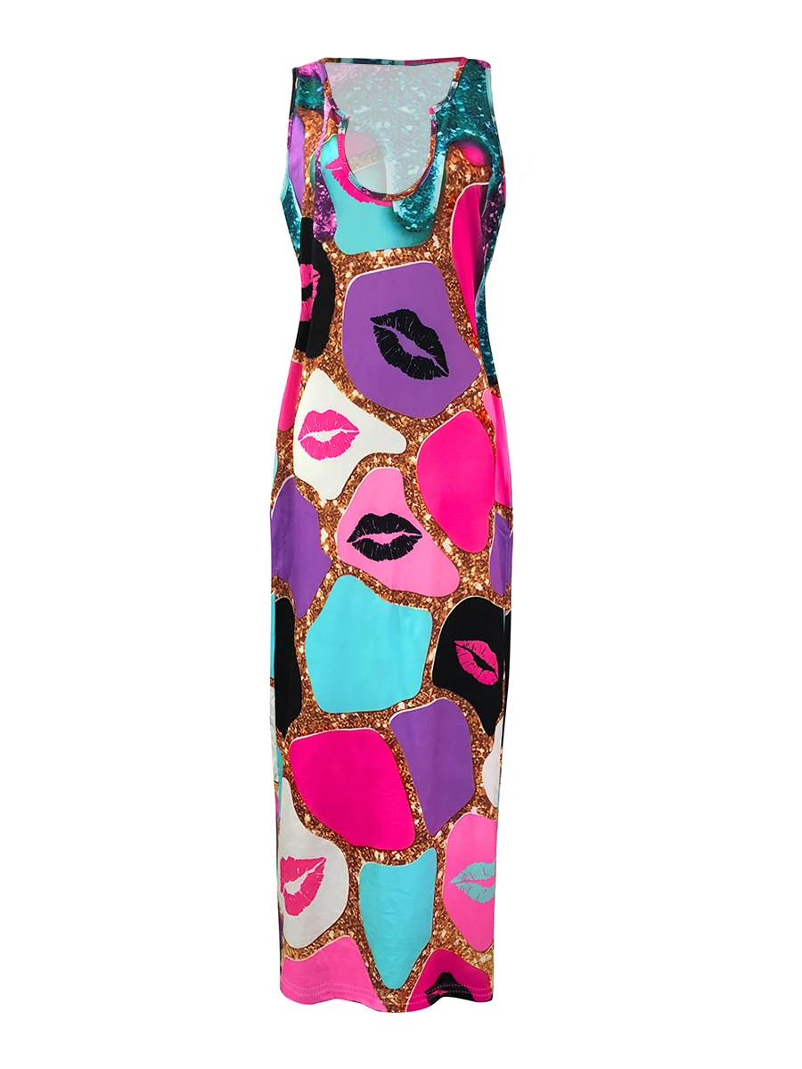 Vestido Bodycon Sem Mangas LW, Vestidos Tamanhos Grandes, Patchwork Estampado, Bodycon, Vestido Cami, Maxi Vestido de Verão, Magro, Casual, Verão