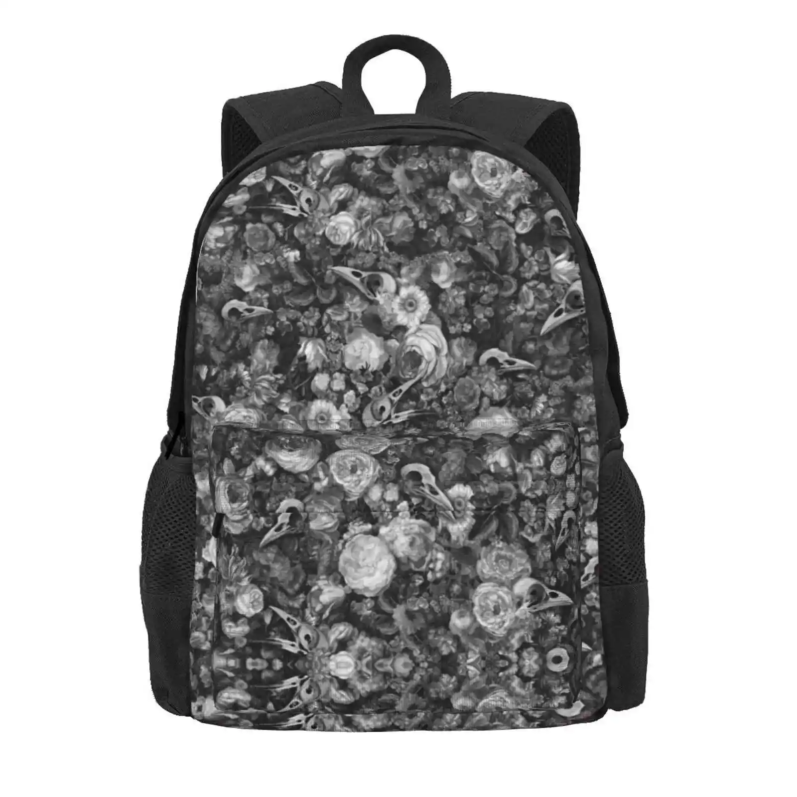 Baroque Macabre Ii Hot Sale Schoolbag Backpack Fashion Bags Baroque Floral Grayscale Vintage Flower Halloween Rose Bird Skull