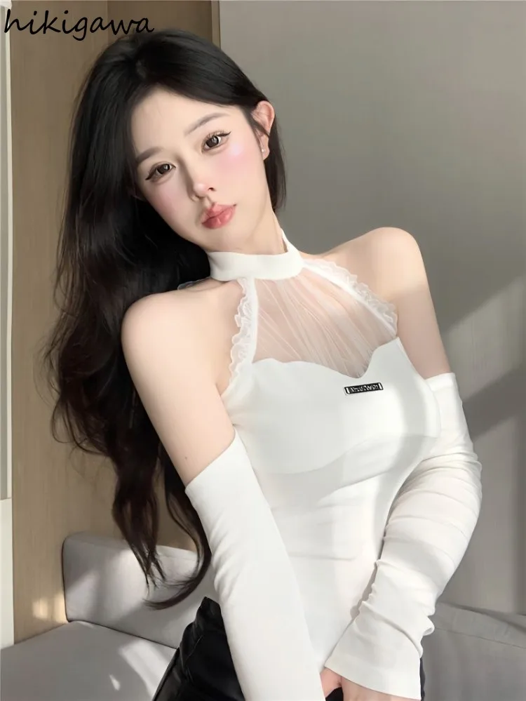 Sexy Lace Y2k Tops Women Tanks Patchwork Gauze Off Shoulder Slim Waist Camis 2025 Ropa Mujer Chic Korean Crop Vest with Sleeve image 2