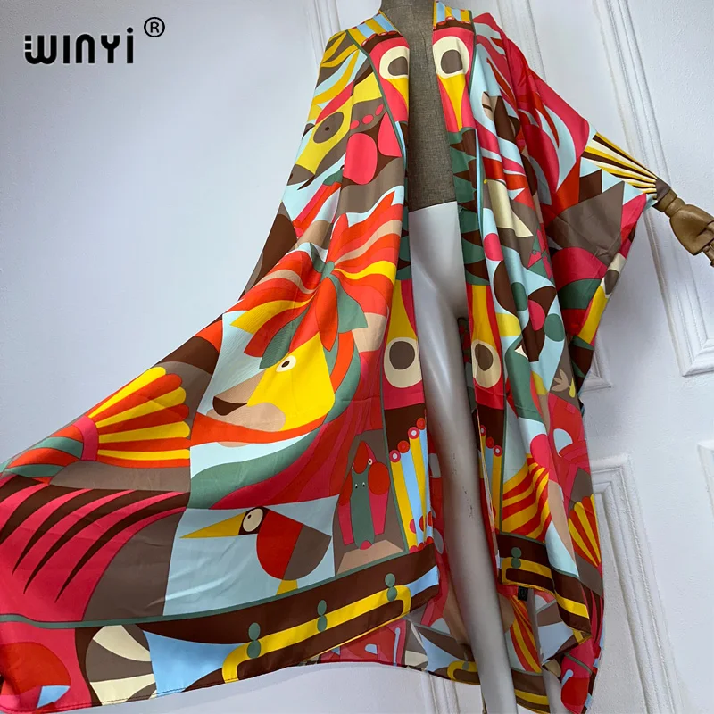 WINYI Summer fashion Beach Geometric print Cover Up Boho Cardigan elegant sexy Holiday Kimono beach wear women 2024 kaftan dress