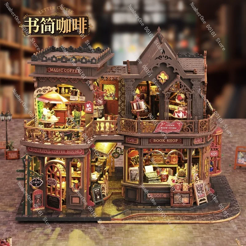 DIY Bookshelf House Model, Coffee Shop Theme Handmade Assembly, Creative Bookend Toy Decorative House