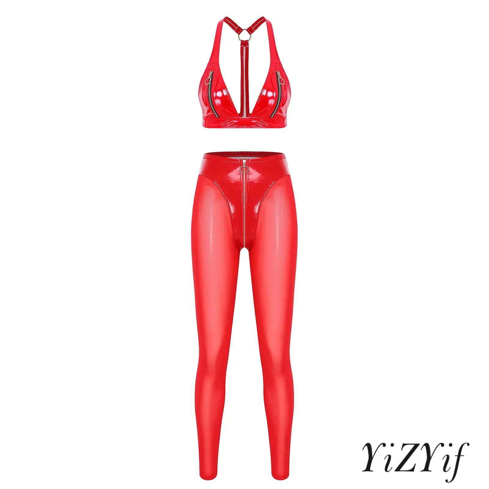 New Women Wet Look PU Leather Outfit Zipper Cups Y-back Bra Bralette And Zipper Crotch Mesh Legs Tights Leggings Clubwear