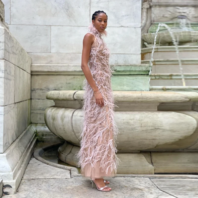 

Роскошное вечернее платье с высоким воротом по индивидуальному заказу, 2021, сексуальное вечернее платье без рукавов с перьями и русалкой, длинные платья для выпускного вечера