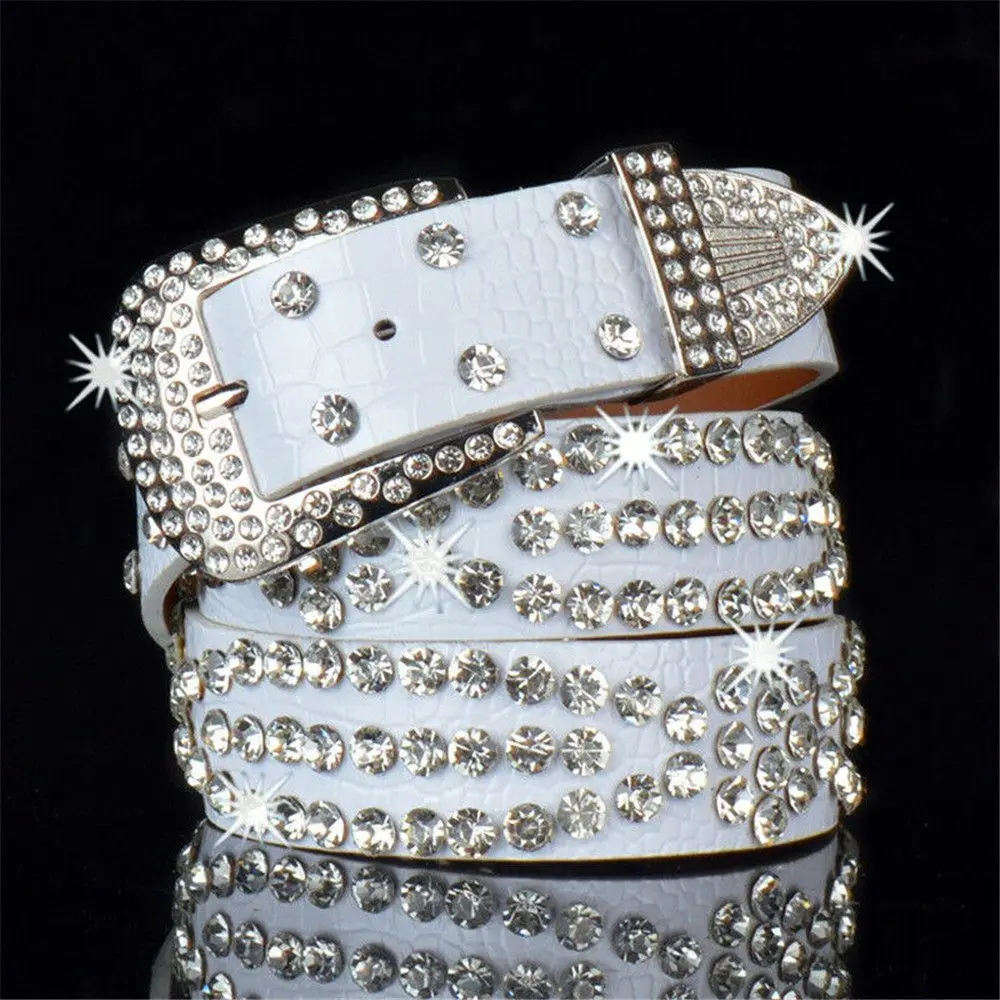 Fashion Leather Bling Crystal Belt Women Rhinestone Belt Cowgirl Studded Glitter Waistband