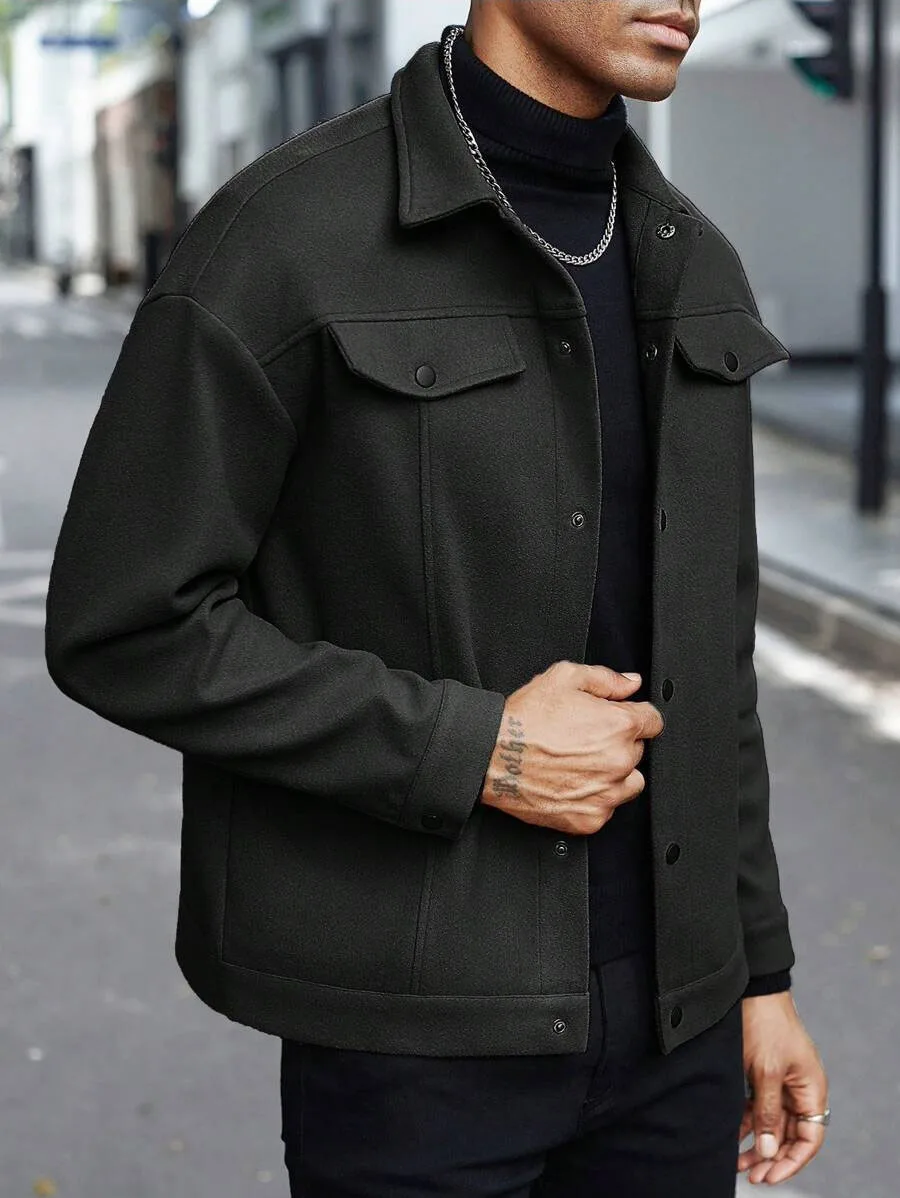Men's New Lapel Woolen Jacket Casual Business Button Down Trucker Coat Fashion Loose Fit Outerwear Daily Wear Shacket