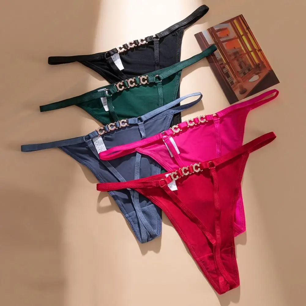 

Simple Letter Belt Metal Ring Panties Thin Strap Seamless Rhinestone Thong Briefs Female Lingerie Women's Underpants Lady