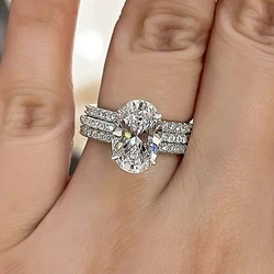 Huitan Elegant Oval Cubic Zirconia Set Rings for Women Luxury Silver Color Wedding Band Accessories Engagement Party New Jewelry