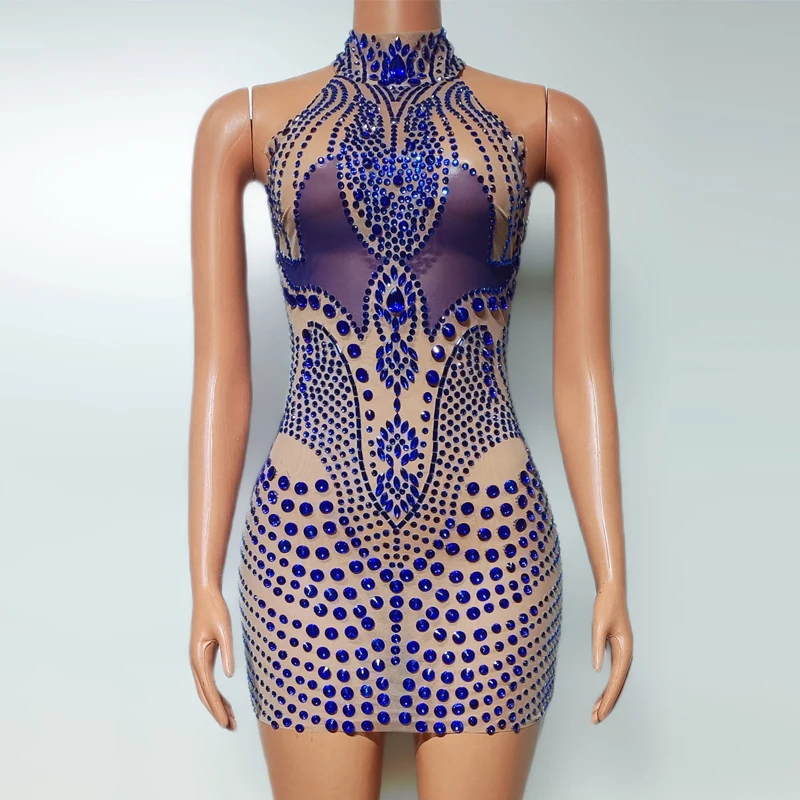 

Sexy Pole Dance Evening Dresses Blue Rhinestones Party Outfit Women Singer Jazz Dance Costume Bar Ds Dj Stage Dress XS8980