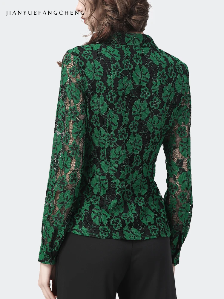 Fashion Womens Long Sleeve Suit Collar Green Lace Shirt Vintage Chic Side Placket Cinched Waist Ladies Top Casual Office Blouse