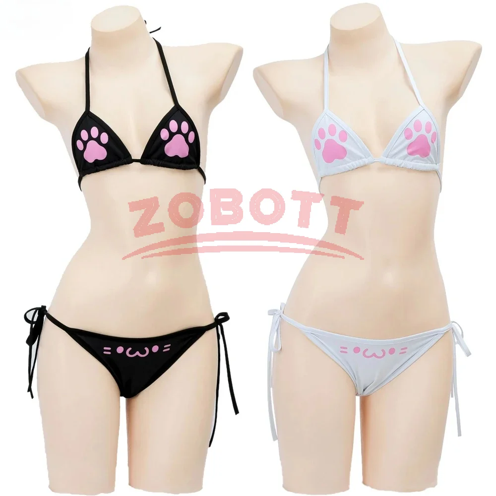 أنيمي Kawaii فتاة لطيف القط باو بيكيني تأثيري حلي ملابس السباحة النساء مخلب نمط ثلاث نقاط الملابس الداخلية مجموعة لحمام السباحة حفلة الشاطئ