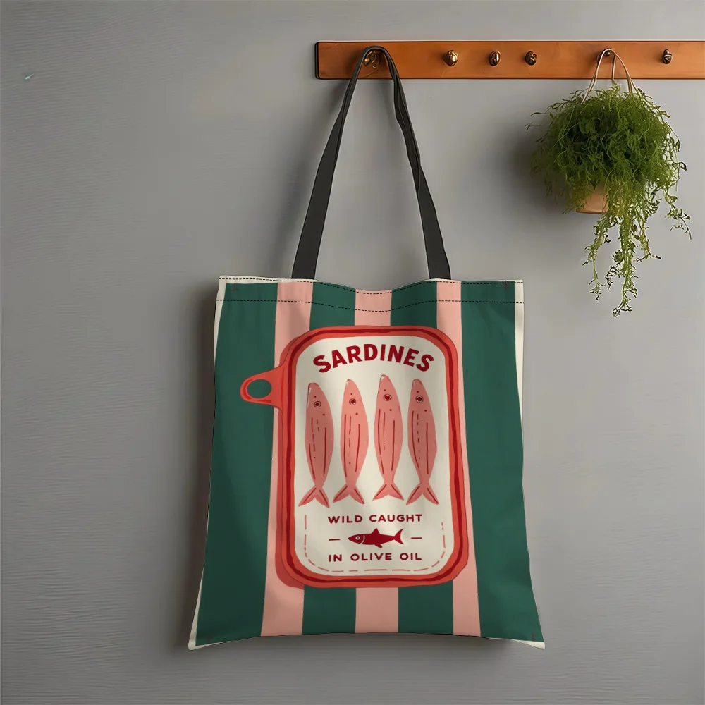 1pc Sardines in Olive Oil Reusable Tote Bag - Stylish Green & Pink Striped Shoulder Bag with Fish Illustration
