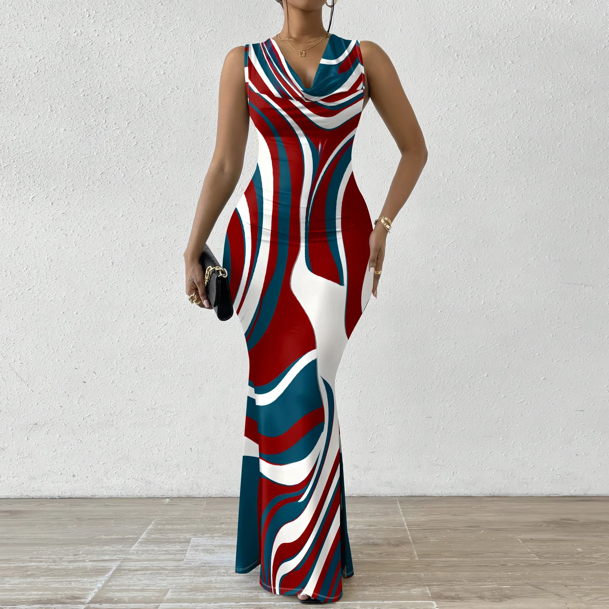 

Women's Abstract Swirl Print Mermaid Maxi Dress Sleeveless Cowl V Neck Red Blue White Evening Party Club XS-2XL