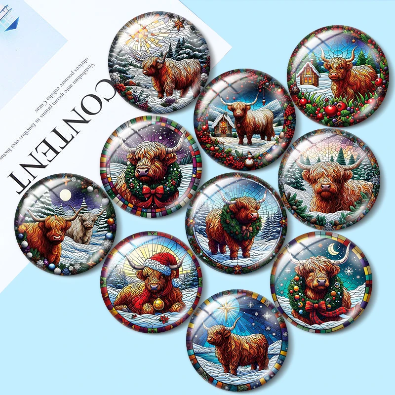 

Christmas Highland Cow 10pcs 12mm/18mm/20mm/25mm Round photo glass cabochon demo flat back Making findings