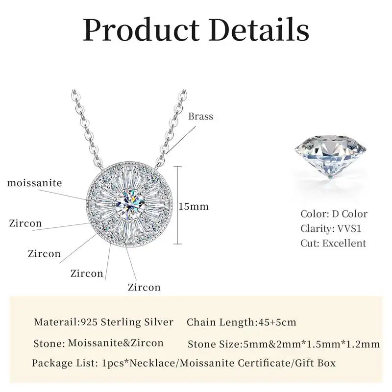 Lnngy Zertifizierte 5mm Moissanit-Diamant-Halskette, Nischen-Luxus-Anhänger in runder Form für Damen, exquisites Geburtstagsgeschenk – Detail 6