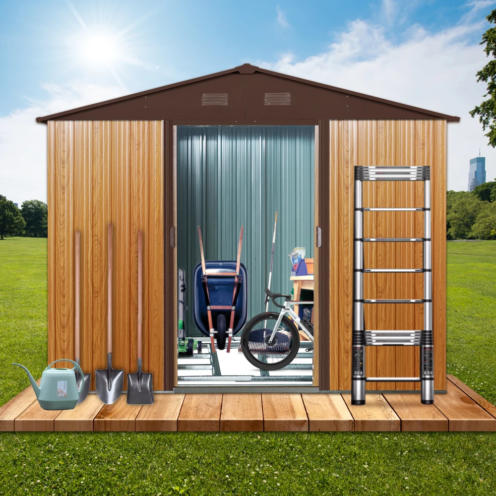 

8ft X 6ft Outdoor Metal Storage Shed with Metal Foundation,Coffee， Outdoor Storage，shed Sheds for Storage