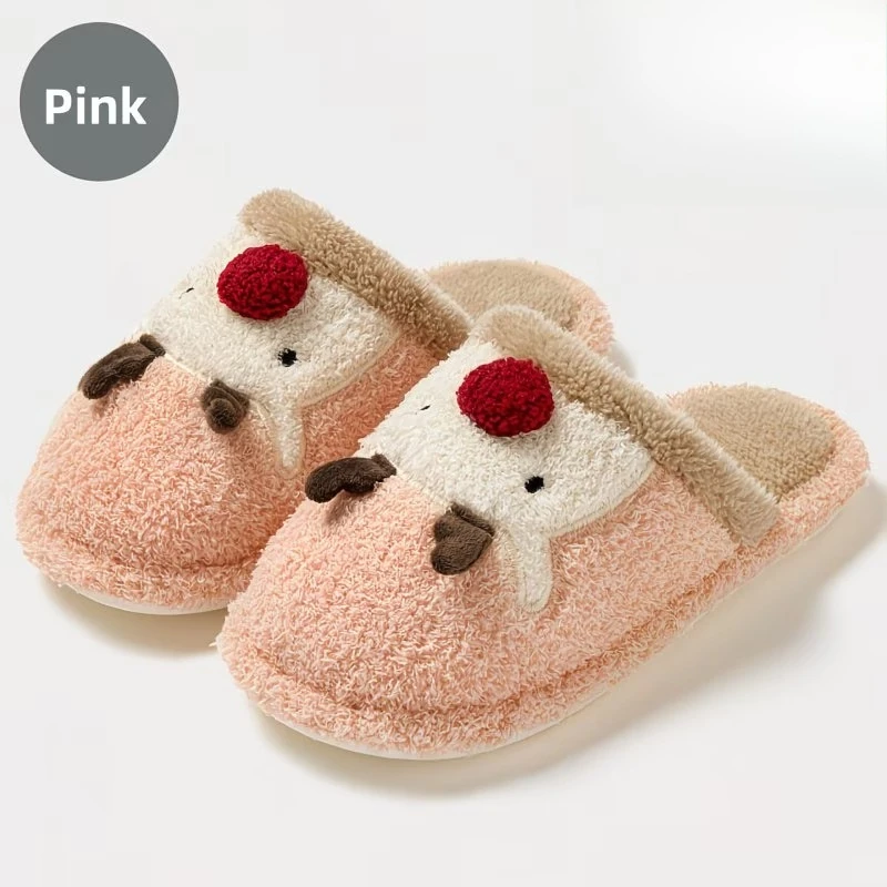 

Плюшевые тапочки с изображением рождественского оленя для женщин и мужчин, зимние теплые хлопковые тапочки с противоскользящей подошвой, мягкие домашние тапочки для пар, пушистые домашние тапочки с мультяшным дизайном.