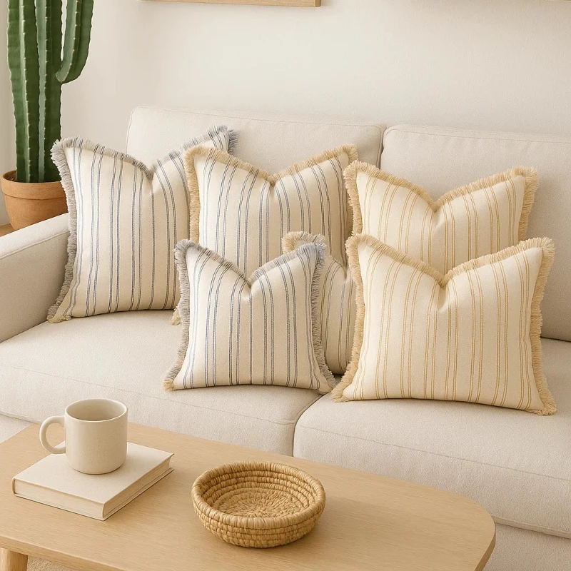 

Полосатая жаккардовая тканая наволочка из смеси хлопка с бахромой, декоративная наволочка для дивана-кровати и гостиной