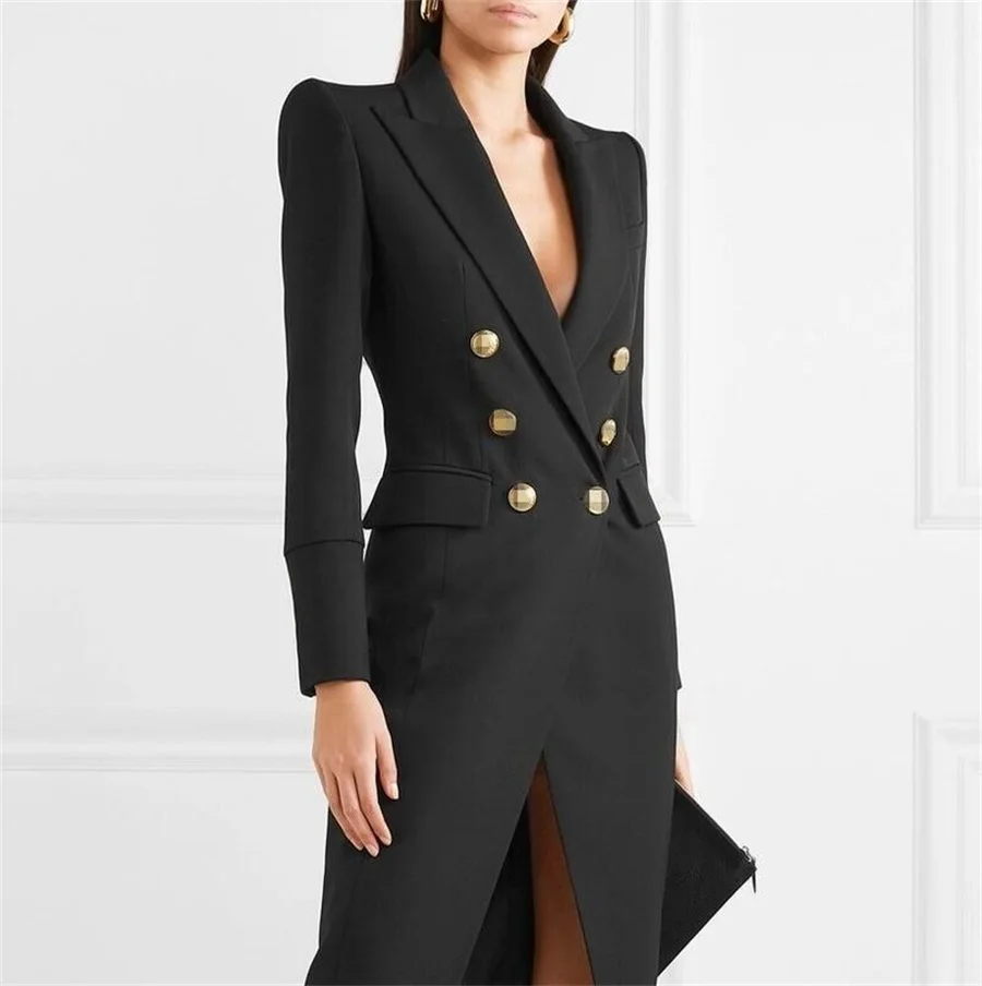 1 stück Schwarz Frauen Anzüge Lange Blazer Rock Zweireiher Formal Lange Abend Prom Kleid Sexy Split Windbreake Nach Größe