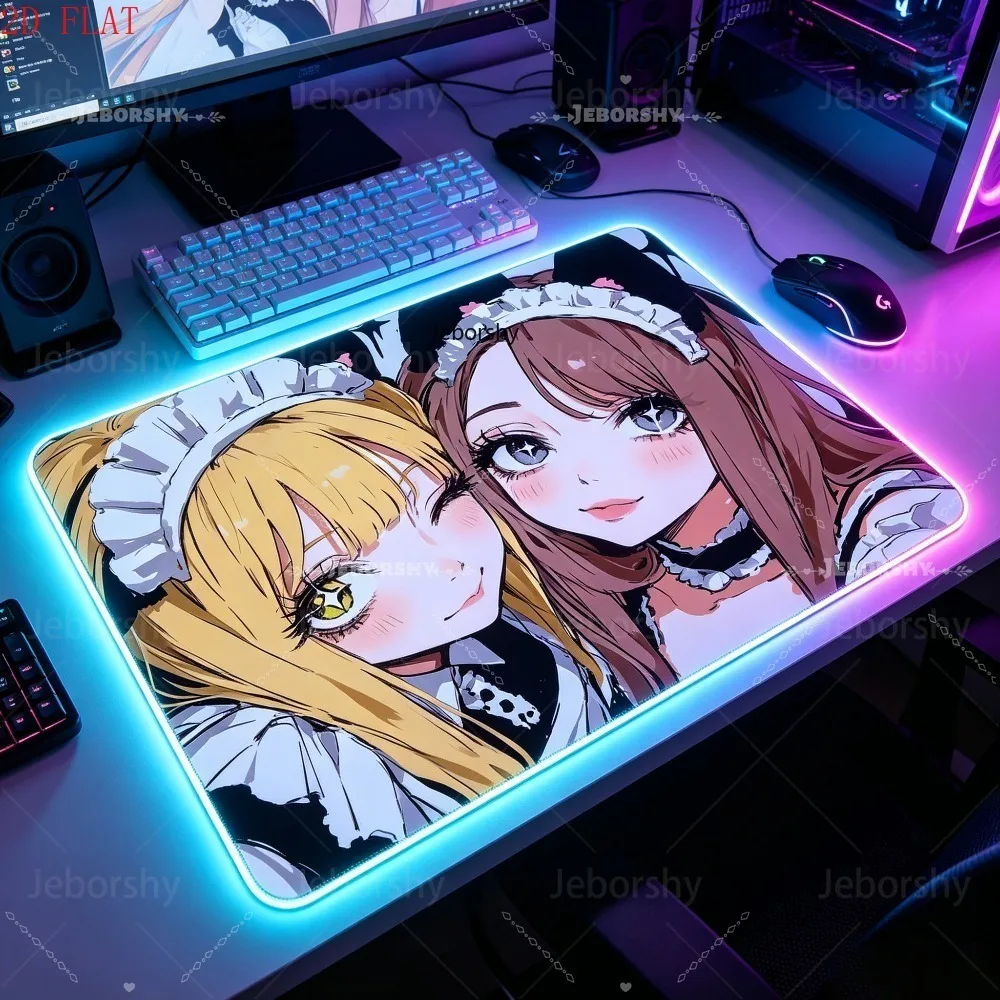 RGB Gaming Mouse Pad,LED Desk Mat,Anti-slip Rubber Edges,Two Cat Ear Maid Girls Black White Uniform Anime Print