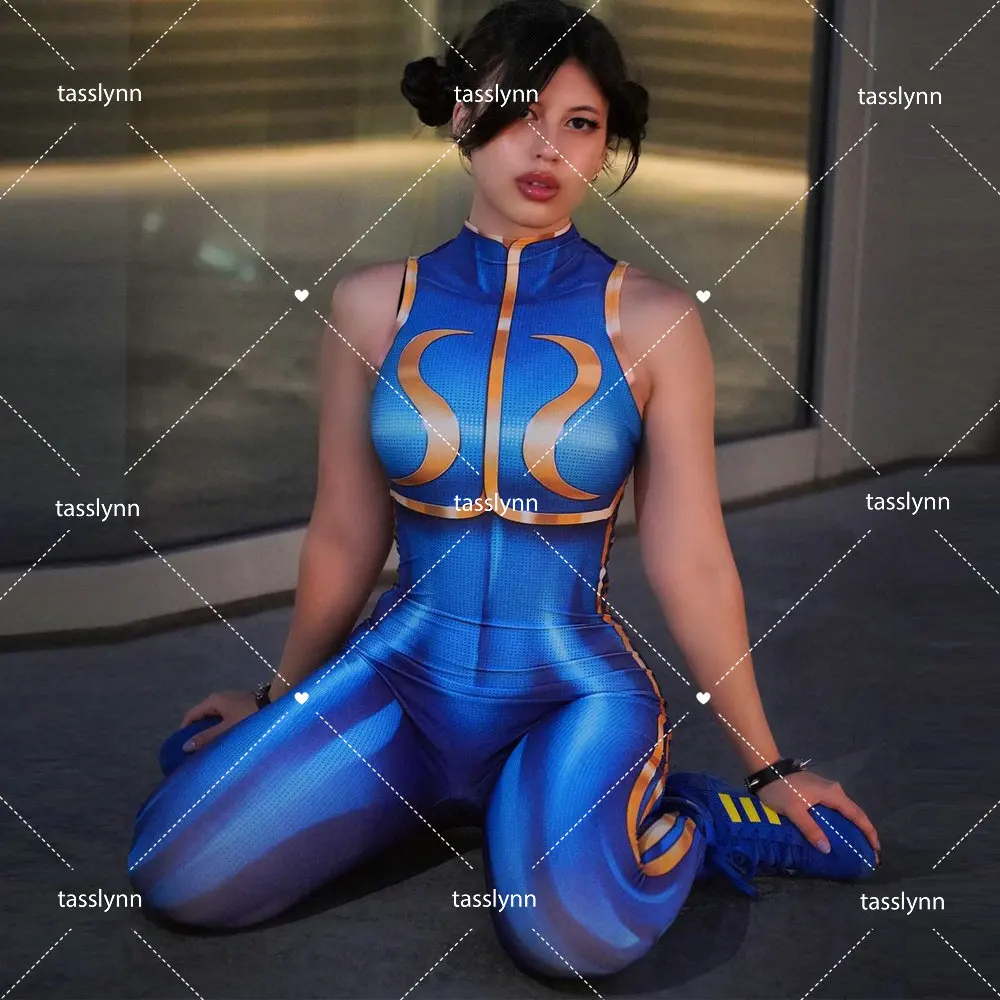 

Games Chun Li Cosplay Costumes Halloween Party Sutorito Faita Blue Jumpsuit Sexy Bodysuit Halloween Costume Women