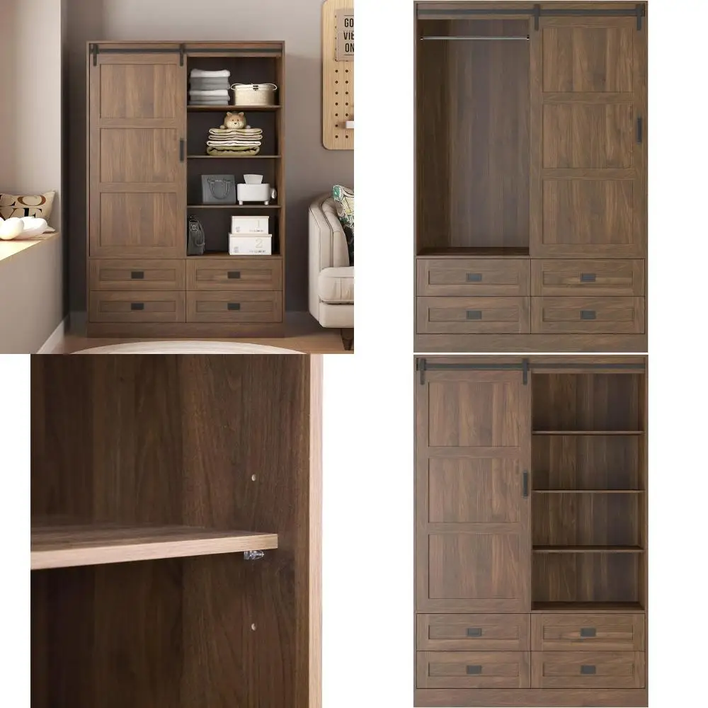 

Коричневый высокий деревянный шкаф-купе в стиле амбарной двери, гардероб для спальни с регулируемыми полками и штангой для вешалок