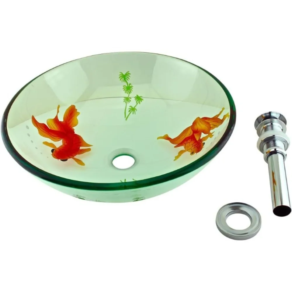 

Countertop Vessel Sink 16.5 In. Small Round Koi FIsh Design Tempered Glass Bathroom Sink With Sink Drain