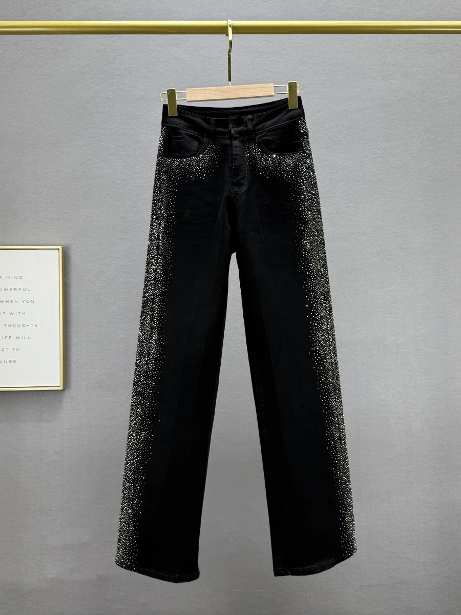 

Bla Denim Straight Leg Pants Women's Spring 2025 New Sle Elastic High Waist Slimming Heavy Embellied Long Jeans