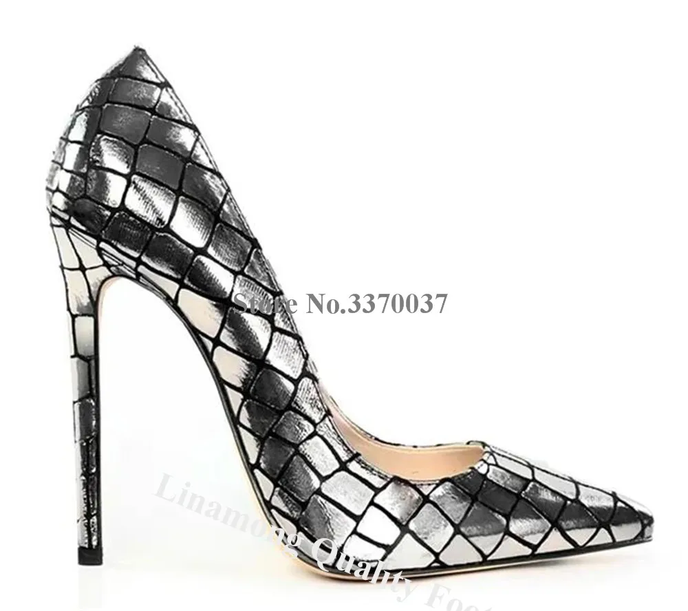 Linamong Gold Silver Checkered Pattern Leather 12cm Pumps Pointed Toe Slip-on Metallic Snakeskin Stiletto Heel Wedding Shoe