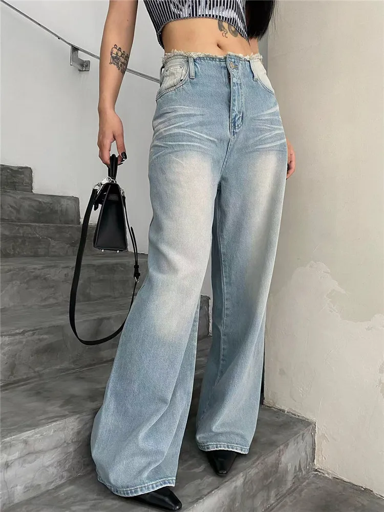 

American High Street Light Blue Wide Leg Silk Denim Jeans Women Summer Thin Extended Ice Silk Frayed Pants Natural Waist